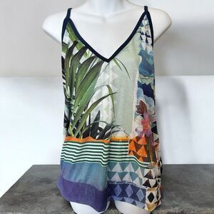 Prana Tropical Hawaiian Sheer Tank Top With Spliced Back Large Neck Blouse